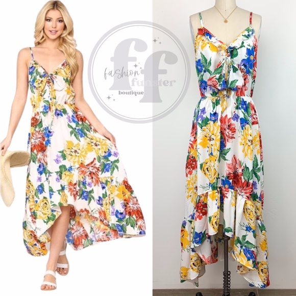 Gigio Dresses & Skirts - Gigio Rainbow Pop Art Floral Print Ruffle Bow Scarf Bodice High Low Maxi Dress